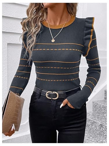 Image of Floerns Women's Striped Print Ruffle Trim Crewneck Long Sleeve Pullover Sweater Dark Blue X-Large