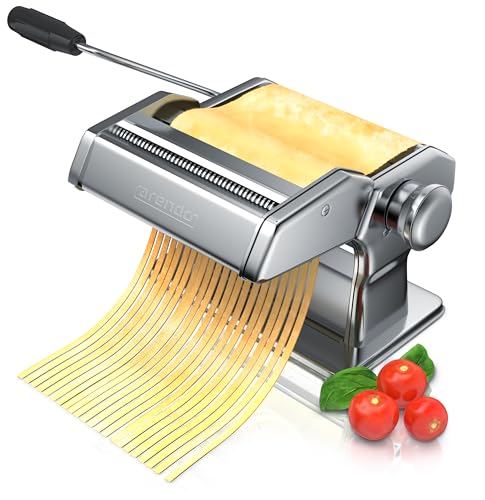 Arendo - Manuelle Nudelmaschine Edelstahl, Pastamaker, Pastamaschine, verschiedene Stärken, manuell, Duplexvorsatz für Tagliolini Spaghetti Fettuccine Tagliatelle 2mm und 6 mm - Silber