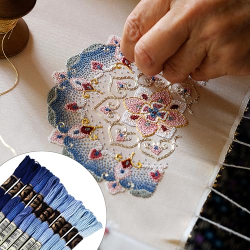 Image of 105 Yards 12 Skeins Gradient 6 Strands Marine Blue Cross Stitch Thread Polyester Variegated Embroidery Floss Friendship Bracelet String Assorted Bulk for Hand Sewing Making Knitting Supply