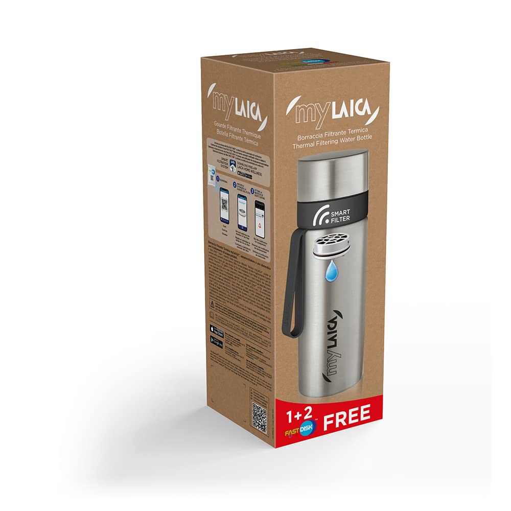 Bottiglia Filtro Acqua LAICA, myLAICA Caraffa Filtrante in Acciaio Inox - Include 1 Cartuccia Filtro Acqua FAST DISC 30 Giorni, per Acqua dal Gusto Ottimo