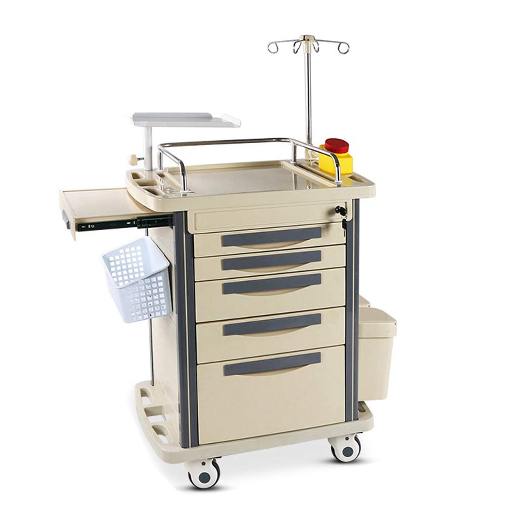 Mobile Rolling Cart Trolley with Magnetic Accessory - Board IV Pole O2 Holder Power Strip Trash Bin Drawers with Dividers Hospital and Clinic Mobile Cart for Medical Supplies