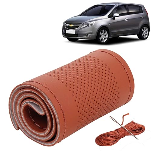 Image of KINGSWAY PU Leatherite Car Steering Cover Sewable Compatible with Chevrolet Sail UVA (Year 2012-2017), Tan Color with Tan Thread, Pack of 1 with Sewing Needle and Thread