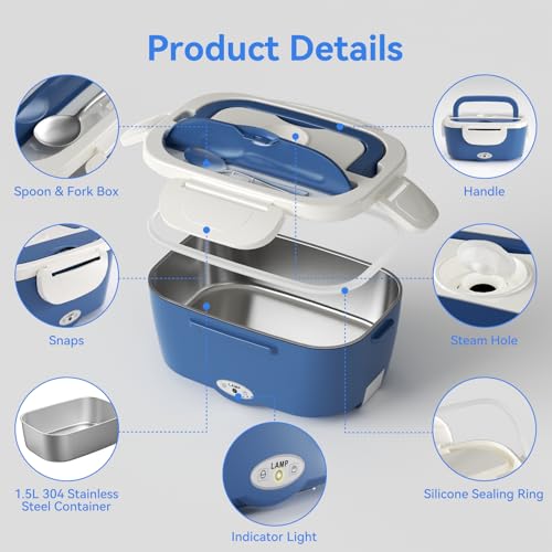 Image of Vingud Electric Lunch Box for Adults, Heated Lunch Box Food Warmer, 80W Portable Heating Lunchbox for Men /Car /Truck with 1.5L Stainless Steel Container, 12V /24V /110V Lonchera Electrica Portatil Gift