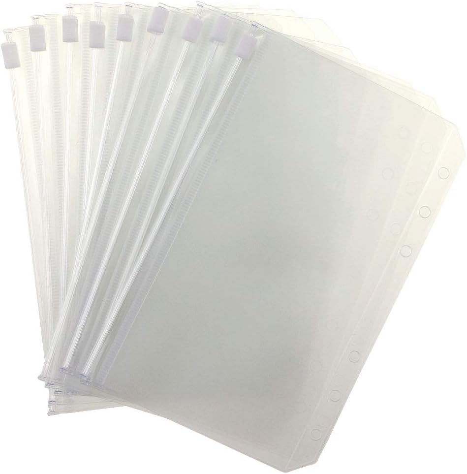12 pcs A5 Size Translucent Plastic PVC Binder Pockets Envelope Case, Waterproof Binder Zipper Folders for 6-Ring Notebook Loose Leaf Binder, Zipper Envelope Binder Pocket,Document Filing Bags,A5