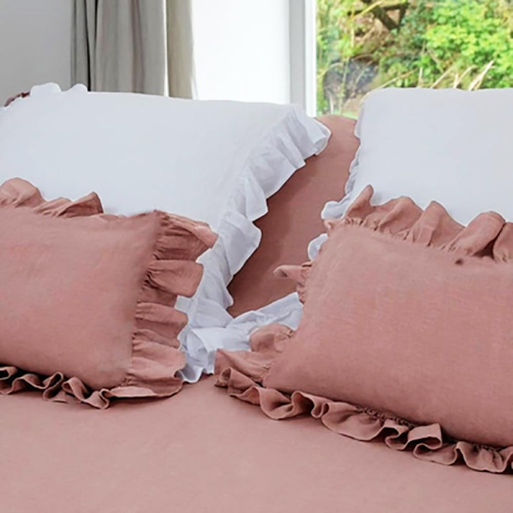 Federe per cuscini in morbido cotone di alta qualità, dimensioni standard, chiusura a busta, tinta unita, con bordo rosa e ruff bianco, federe per la decorazione della camera da letto, confezione da 2