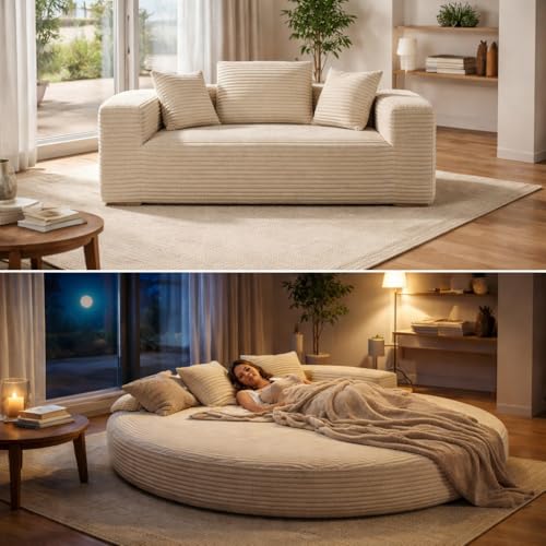NordicLume 2-in-1 Schlafsofa Rundliege 180×180 cm, Faltbares Cordstoff Sofa Bett mit Kissen, Halbkreis Sofa zu Rundbett Ausziehbar, Boden Schlafsofa für Wohnzimmer, Balkon & Lounge (Beige)