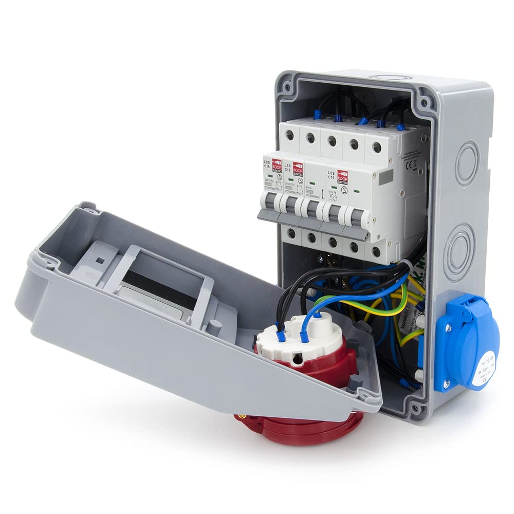 6 moduli distributori di corrente da parete, scatola di distribuzione con 2 x 230 V Schuko + interruttore di protezione del condotto, 2 x LS, 1 x CEE 16 A + LS, cablato, pronto per il