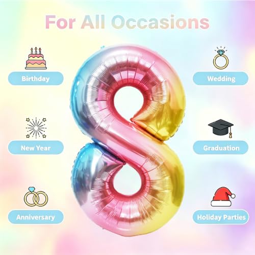 Image of Rainbow Number Balloons Birthday Balloons - Giant Number 8 Balloon 40 inch, Numbers Balloon Birthday Decorations, Rainbow Party Supplies for Baby Shower