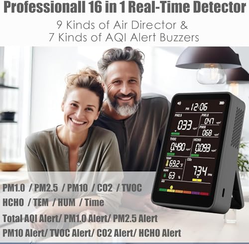Image of 16-in-1 Indoor Air Quality Monitor, High-Precision Multi-Parameter Smart Air Quality Tester with HD Real-Time Color Screen, Portable Air Quality Monitor for Home, Office, Cars, School, Bedroom