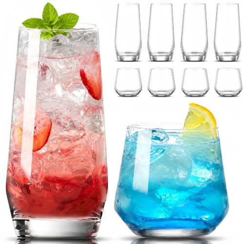 Mfacoy Drinking Glasses Set of 8-4 Tall Glass Cups 18 oz & 4 Short Stemless Wine Glasses 13 oz, Highball Glasses, Glassware Sets for Cocktail, Beer, Wine, Whiskey, Water & Juice Drinkware