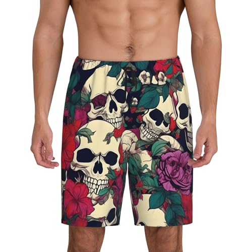 Pantalon de pyjama court homme imprimé crânes floraux en tissu léger