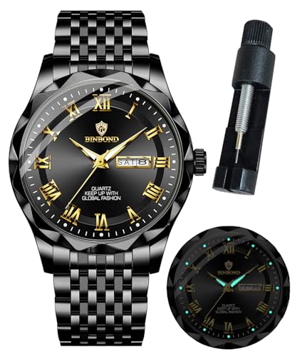 Image of BINBOND Men's Watch Luxury Business Dress Analog Quartz Stainless Steel Casual Date Wrist Watches for Men Easy Read Roman Numeral Large Dial Waterproof Luminous