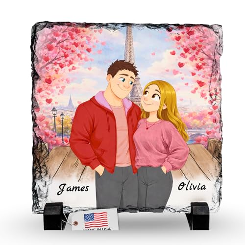 4GIFTSAKE Personalized Cartoon Young Couple Rock Slate Frame– Custom Gift Cartoon Portrait Stone Plaque Picture Frame –Romantic Gift for Anniversary Valentine’s Day Wedding His and Hers