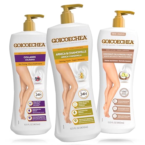 Goicoechea Body Lotion Variety Pack | Arnica & Chamomile for Lighter Legs Collagen Elastin for Skin Firming Coconut Oil & Prickly Pear for Dry Skin Varicose Veins Support 13.5 Fl Oz Each 3-Pack