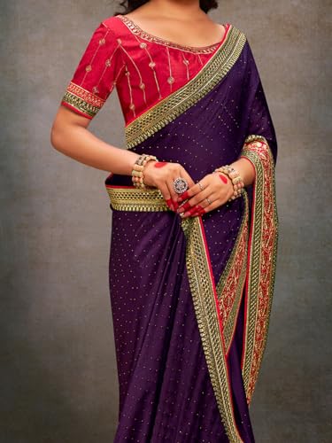 Image of AKHILAM Women's Pink Satin Silk Embroidered Saree with Unstitched Blouse Piece (SANCHI3001 SUM Parent)