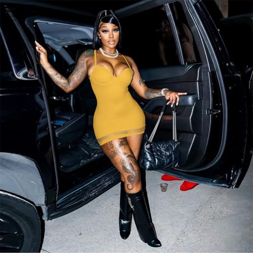 Image of Sexy Bodycon Mini Dress for Women Sweetheart Neck Spaghetti Strap Mesh Hem Party Club Night Out Short Dresses