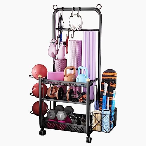 Estante de almacenamiento para esterilla de yoga, 3 niveles, gimnasio en casa, equipo de ejercicio, estante para pesas, equipo de entrenamiento, organizador de almacenamiento, carrito con ganchos