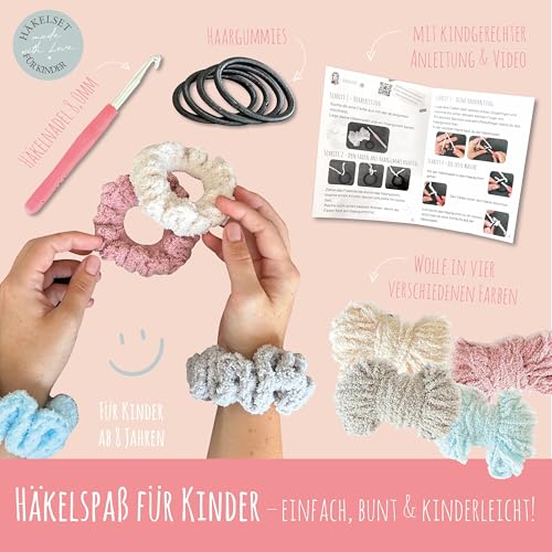 Häkelset für Kinder: Scrunchies - Geschenk Mädchen, Kids Häkeln, Häkel-Set Kind, Häkelset für Anfänger, Kinderleicht häckeln lernen, kleine Geschenke, Kindergeburtstag, Häkeln Lernen, DIY Set Kinder