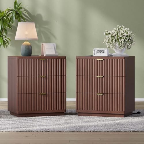 Nightstands Set of 2, Fluted Nightstand with Charging Station and 3 Drawer Storage, Large Modern Bedside Table, 21.7