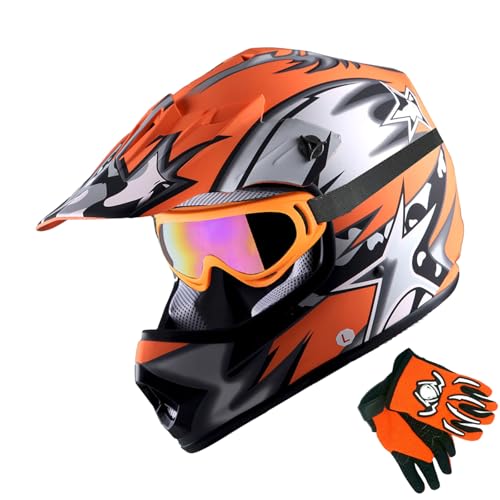 1Storm Youth Motocross Helmet BMX MX ATV Dirt Bike Helmet Matt Star Orange + Goggles + MG Youth Orange Glove Bundle