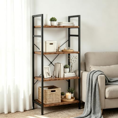 Image of HealSmart 4 Tier Bookshelf, Free Standing Book Shelf Home Office Bookcase Shelf Storage Organizer for Bedroom, Bathroom, Living Room, Office, Balcony, Rust Brown