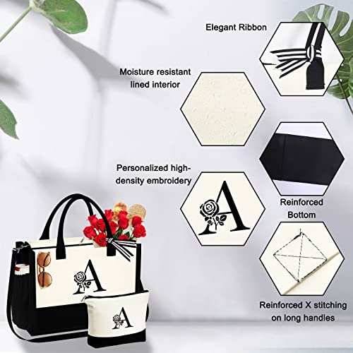 YOOLIFE-Christmas-Gifts-for-Women-Birthday-Gifts-for-Women-Initial-Monogram-Beach-Tote-Bag-with-Makeup-Bag-Gifts-for-Women-Birthday-Gifts-for-Women-Her-Mom-Teacher-Friend-Female-Sister-Bridesmaid-A