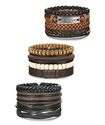 Jstyle 12Pcs Braided Bracelet for Men Beaded Bracelets Wrap Leather Wooden Bracelets Adjustable - Image 3