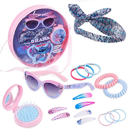 Disney Stitch Handtasche Mädchen Set Kleine Tasche Kinder Sonnenbrille UV400 Haargummis Haarspangen Haarschmuck Geschenke Mädchen (Rosa/Blau Stitch)