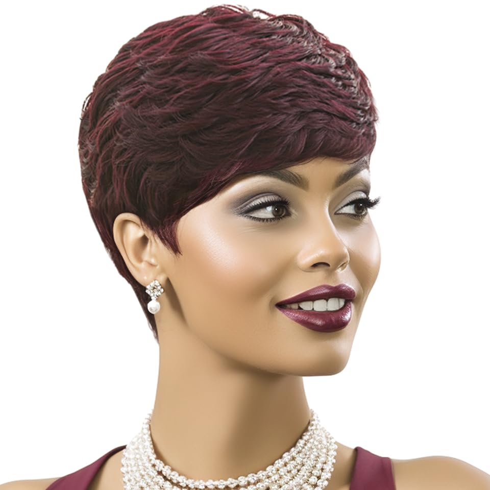 ?Jackie Short styled  Burgundy Full Cap  Wig +NWT Amazon.com : Dark Auburn Burgundy Short Curly Pixie Cut Wigs  main image 4