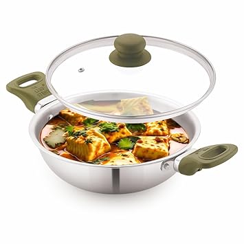 The Chef Story Haptik Series Triply Deep Kadai 26cm, 10.2 Inch, 3.25 Litre Capacity, 3 Year Warranty [Food Grade Steel 304, No Coating No PFOA, Gas, Induction, Electric, Oven Safe, Dishwasher Safe, Radiant, Solid State, Ceramic, Halogen, Bakelite Handle]