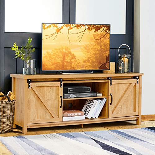 Tangkula Wood TV Stand for 65” Television, TV Ark with Sliding Barn Doors
