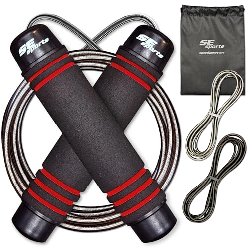 SE sports - Profi-Springseil-Set mit 3 Seilen & Tasche – 3m Speed Rope mit Kugellager & Soft-Griffen – längenverstellbar – Inkl. Ersatz-Stahlseil & Gummiseil – Fitness, Boxen, Workout, Crossfit