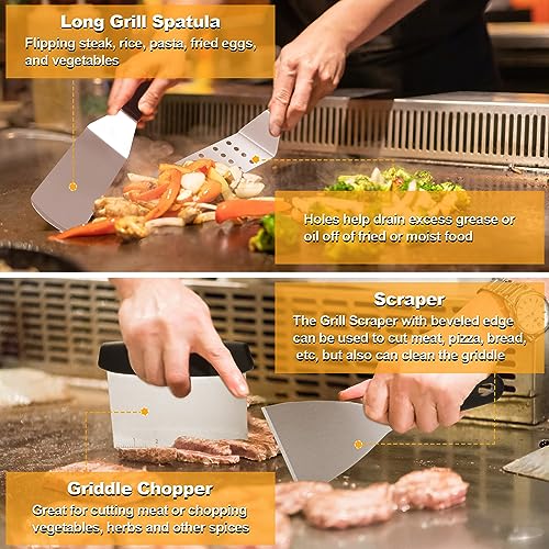 Terlulu Griddle Accessories Kit, 28 PCS Flat Top Grill Accessories for Blackstone and Camp Chef, Metal Spatula Set with Burger Press, Melting Dome, Tongs, Scraper, Carry Bag for Outdoor Grilling BBQ by Terlulu - Image 5