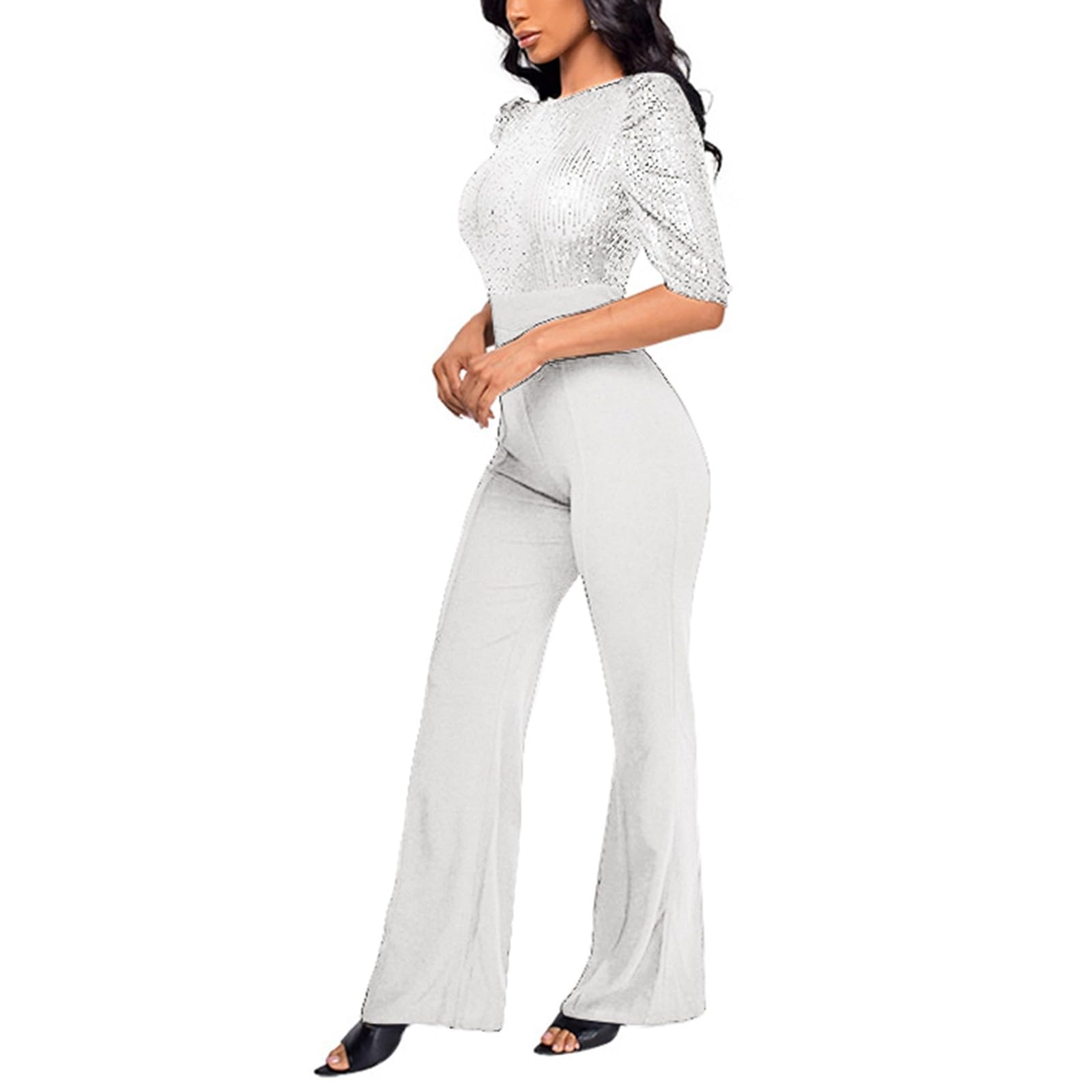 Tuta Intera Elegante, Tute Donna Eleganti casual a maniche corte paillettes e pantaloni lunghi dritti