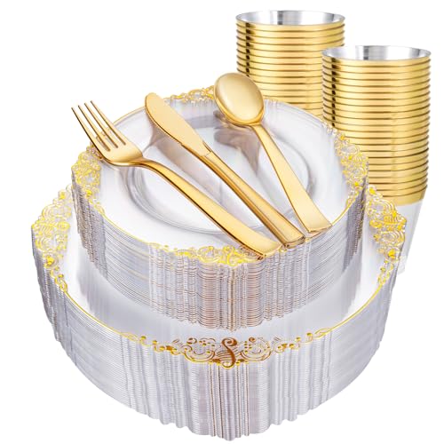 Hioasis 300 Pcs Clear Gold Plates for Party