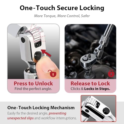 Image of FIRSTINFO 1 /2 Drive Locking Flex-Head Extendable Ratchet, 72-Tooth | Quick-release • Reversible lever • One-touch lock • 180-degree flexible head • Soft grip • 13.8 inch-19.3 inch length • Taiwan Made
