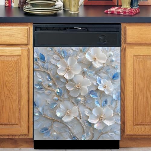 Image of BVBOX Dishwasher Magnet Cover 23 inchx26 inch, Reusable Magnetic Refrigerator Covers, Decorative Magnets Cover Fridge Door Skin Panel Stickers for Home Kitchen Appliance (Small White Flowers, 23 inchx26 inch)