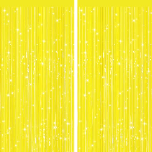 2 Pack Yellow Metallic Tinsel Foil Fringe Curtains Door Streamers Photo Booth Backdrop for Birthday Party Tinsel Curtain Backdrop for Baby Shower Bachelorette Christmas Party Decorations