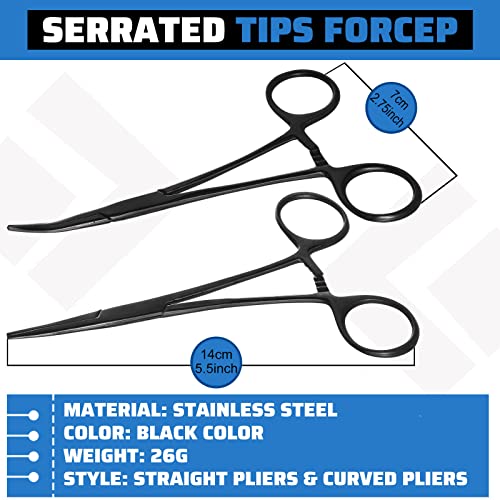 Image of BBTO Hemostat Curved and Straight Hemostat Forceps Piercing Pliers Forceps, Stainless Steel Straight and Curved Pliers, Fishing Tweezer(Black,2 Pcs)