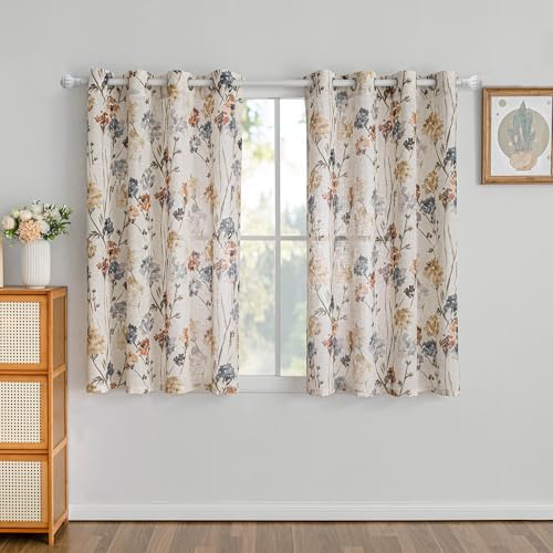 Image of MYSKY HOME Floral Linen Curtains 45 inch Length 2 Panels Set Fall Patterned Semi Sheer Light Filtering Privacy Farmhouse Grommet Drapes, Yellow, 52 inch Wide, Pack-2