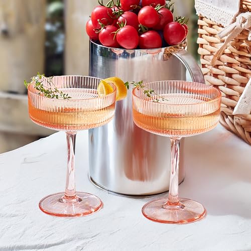 Khen Shatterproof Acrylic Ribbed Vintage Art Deco Martini, Champagne & Cocktail Pink Plastic Tritan Coupe Glasses | Set of 2 | 8 oz Ripple Glassware Indoor & Outdoor Gift