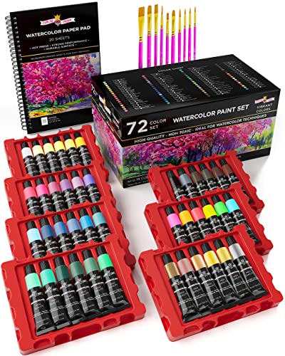 Watercolor Paint Set with 72 Watercolor Paint Tubes, Water Color Paint Paper Pad, 10 Paint Brushes - Watercolor Paints, Watercolor Tubes Tube Watercolor Set Watercolor Paint Tubes Watercolor Paint Kit