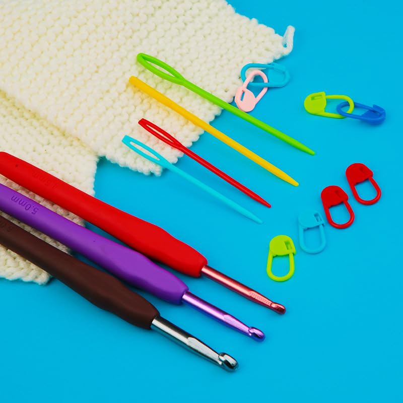 KIZAMI 1Set/62Pc 26 * 16CM Kit di Filato per Uncinetto in Blu/Rosa, Kit Completo per Iniziare all'Uncinetto per Bambini, Adulti con Design ergonomico, Ganci con Impugnatura Morbida