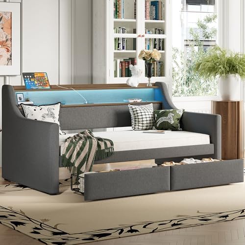 Elegant Twin Size Daybed with Shelves and Charging Station - Gray