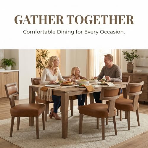 Image of HNY Mid Century Modern Dining Chairs Set of 6, Farmhouse PU Leather Upholstered Accent Chairs Curved Nailhead Trim Backrest Kitchen Chairs, with Hardwood Frame, Brown