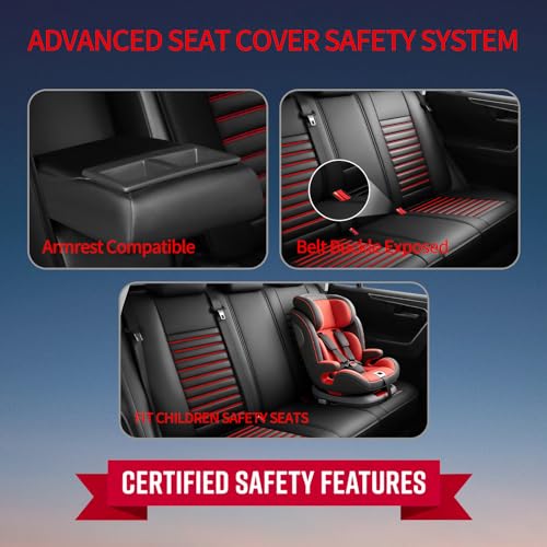 Image of Fit Canyon Car Seat Covers (5 Seats Full Set) Compatible with GMC Canyon 2015-2025 2026-Full Coverage Breathable Leather, Airbag Compatible, Waterproof & All-Weather, Black+Red