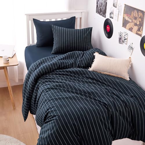 Image of Wake In Cloud - Striped Cotton Duvet Cover Set, Ticking Stripe Vertical Pinstripe Farmhouse, 100% Washed Cotton Textured Bedding Set, 3 Pieces, Navy Blue, Twin /Twin XL Size