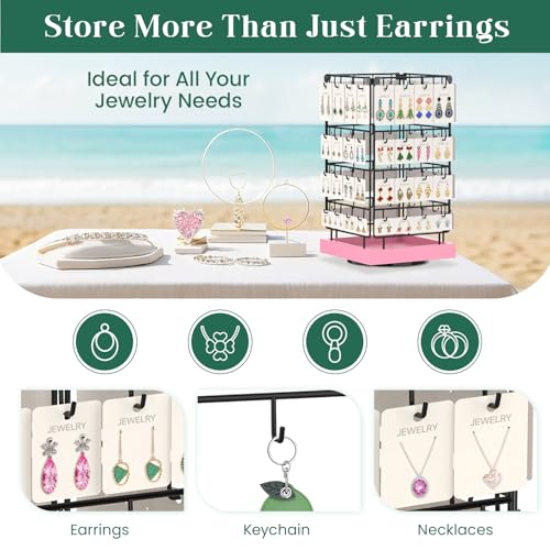 Image of EsLuker.ly Rotating Earring Display Holder Stand for Vendors Events Selling, Large Capacity 64 Hooks Jewelry Rack with Wooden Base for Earring Card Sales, Enhances Retail Display Visibility(Pink)