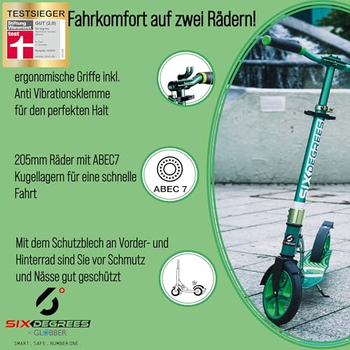 SIX DEGREES Aluminium Scooter mit Klappmechanismus u. St&auml;nder, 205 mm, h&ouml;henverstellb., GS-gepr&uuml;ft, hellgr&uuml;n, TESTSIEGER