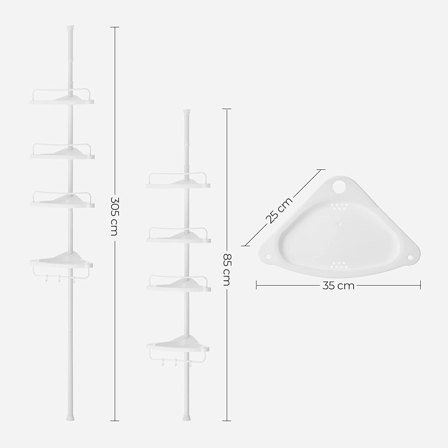 SONGMICS Mensola Doccia Telescopica e Regolabile, 4 Ripiani, Scaffale Angolare Bagno, Altezza 85-305 cm, Bianco BCB001A